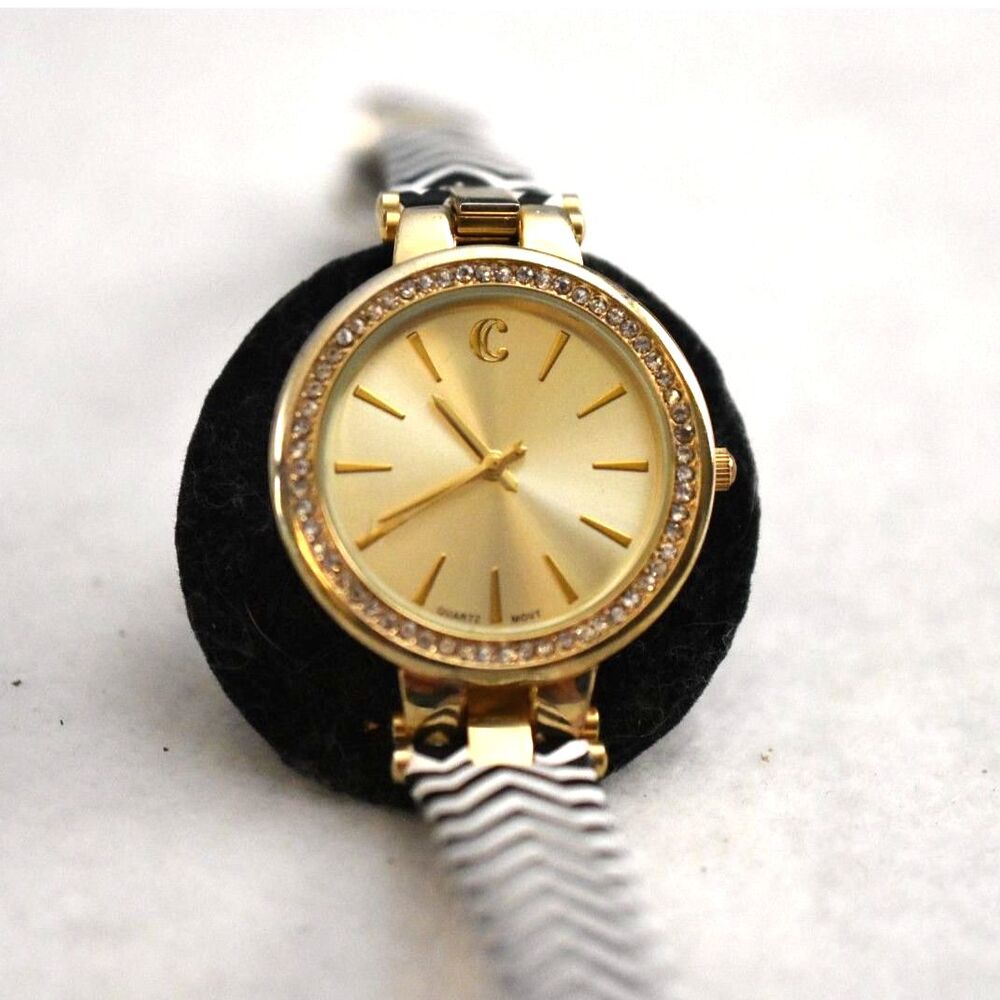 Charming Charlie Gold Tone Rhinestone Accent Black/White ZigZag Band Watch